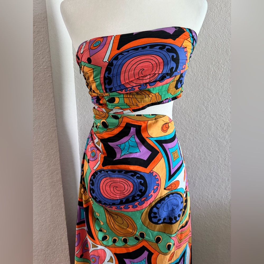 SWF Murano Asymmetrical strapless Cut Out retro printed Maxi Dress Size XS - Picture 3 of 9